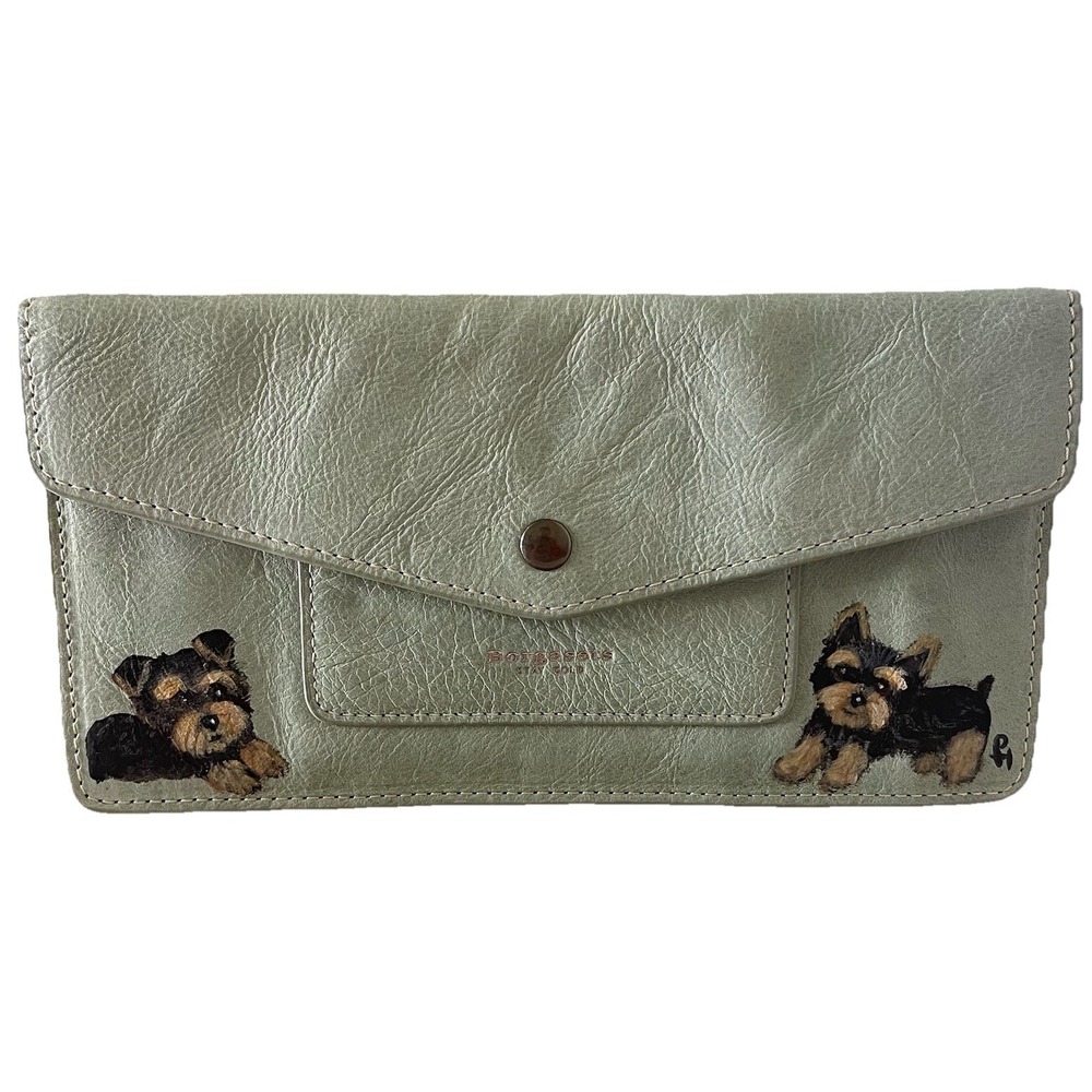 Borgasets Mint Green Slim Wallet Yorkie Dog Print Clutch Card Holder NWOT‎